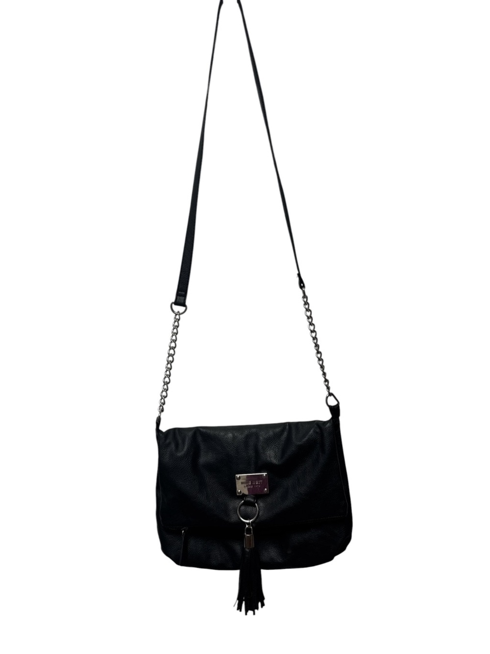 Nine West Black Leather Crossbody Bag Tassel Chain Strap Foldover Silver Logo